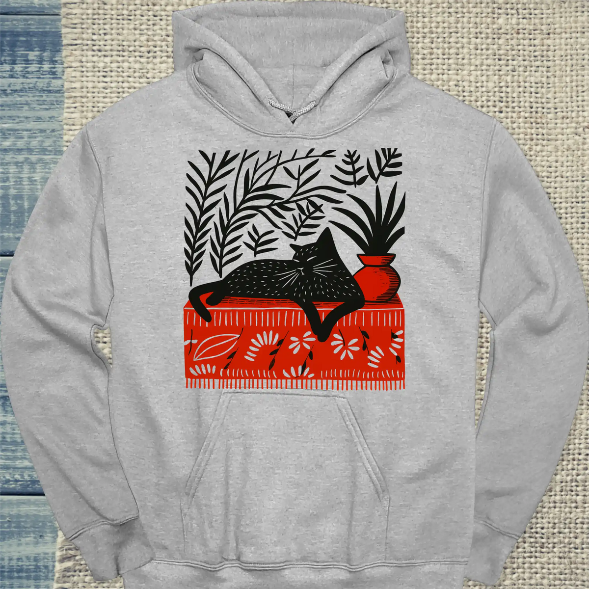 Hoodie - Das rote Zimmer mit Katze - Unisex - Katze Grau