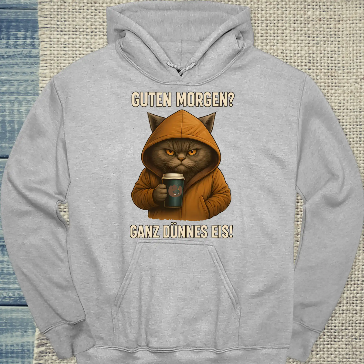 Hoodie - Guten Morgen? Ganz dünnes Eis! - Unisex - Katze, Kaffee Grau