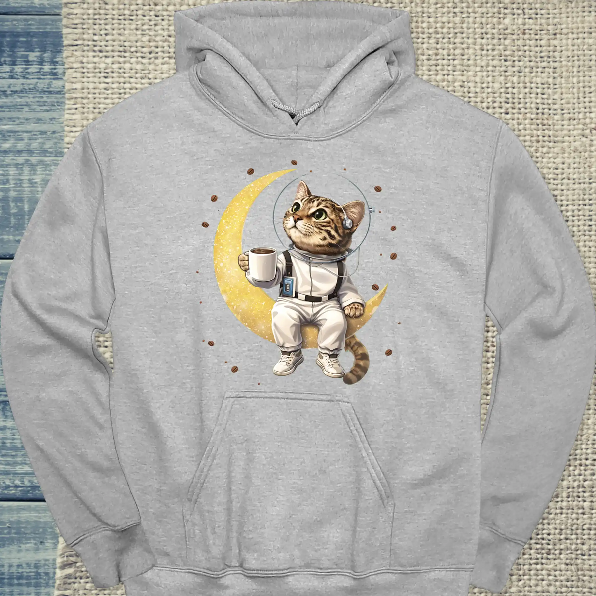 Hoodie - Katze am Mond - Unisex - Katze Grau
