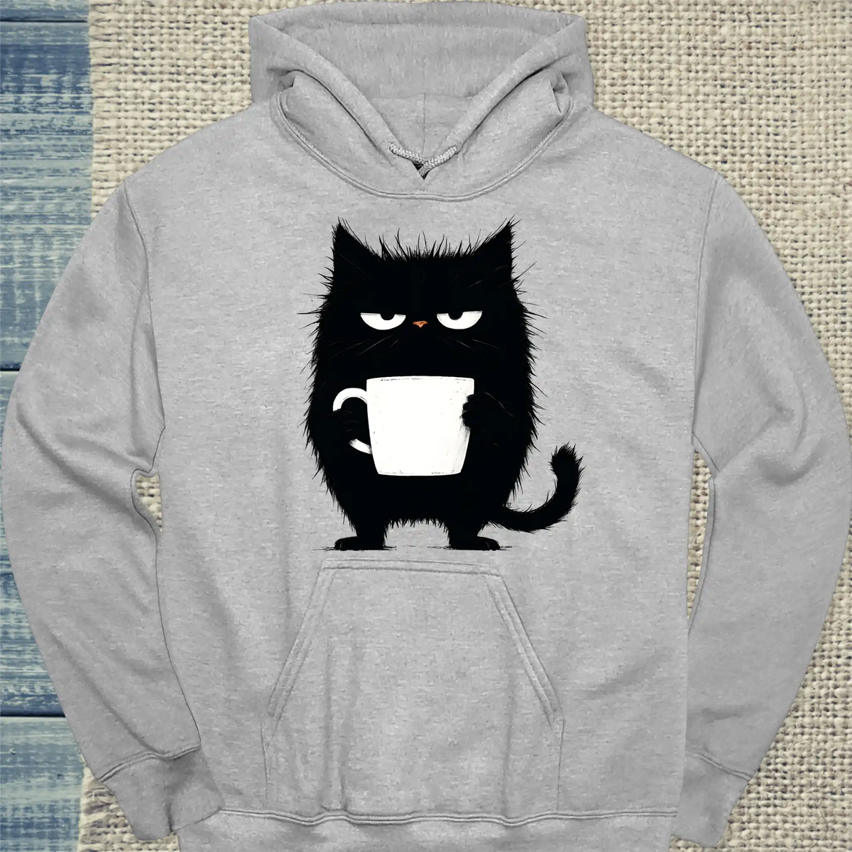 Hoodie - Mürrische Katze mit Kaffee - Unisex - Katze, Kaffee Grau