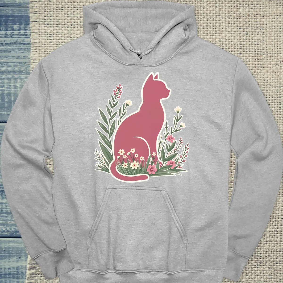 Hoodie - Rosa Katze im Gras - Unisex - Katze Grau