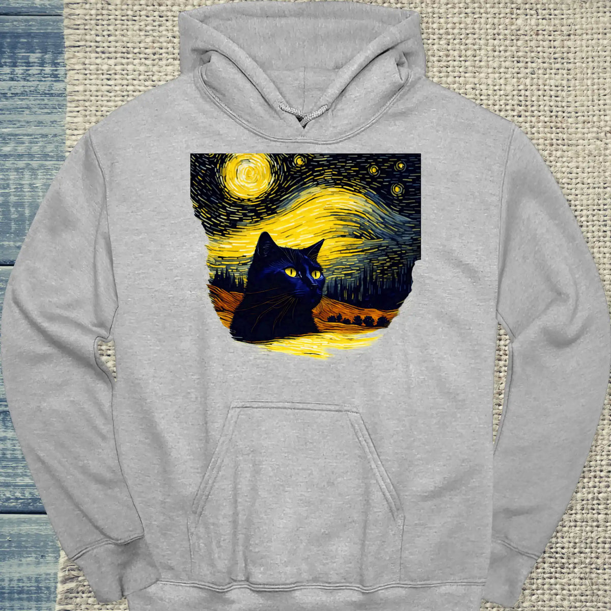 Hoodie - Schwarze Katze im Abendhimmel - Unisex - Katze Grau