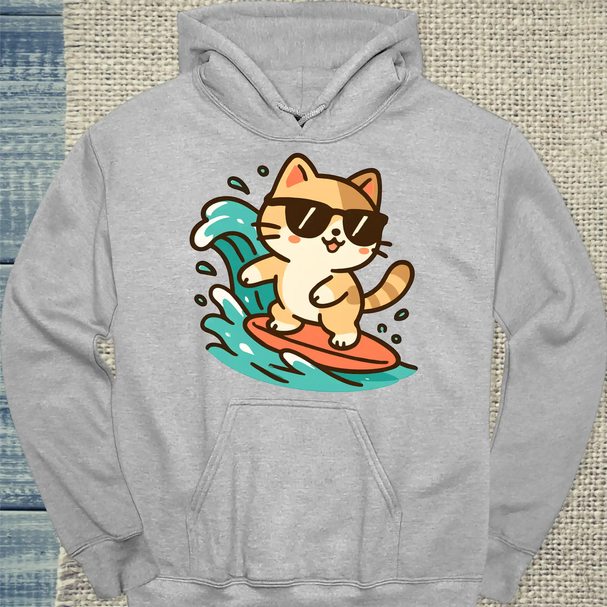 Hoodie - Sommer, Katze, Surfen - Unisex - Katze Grau
