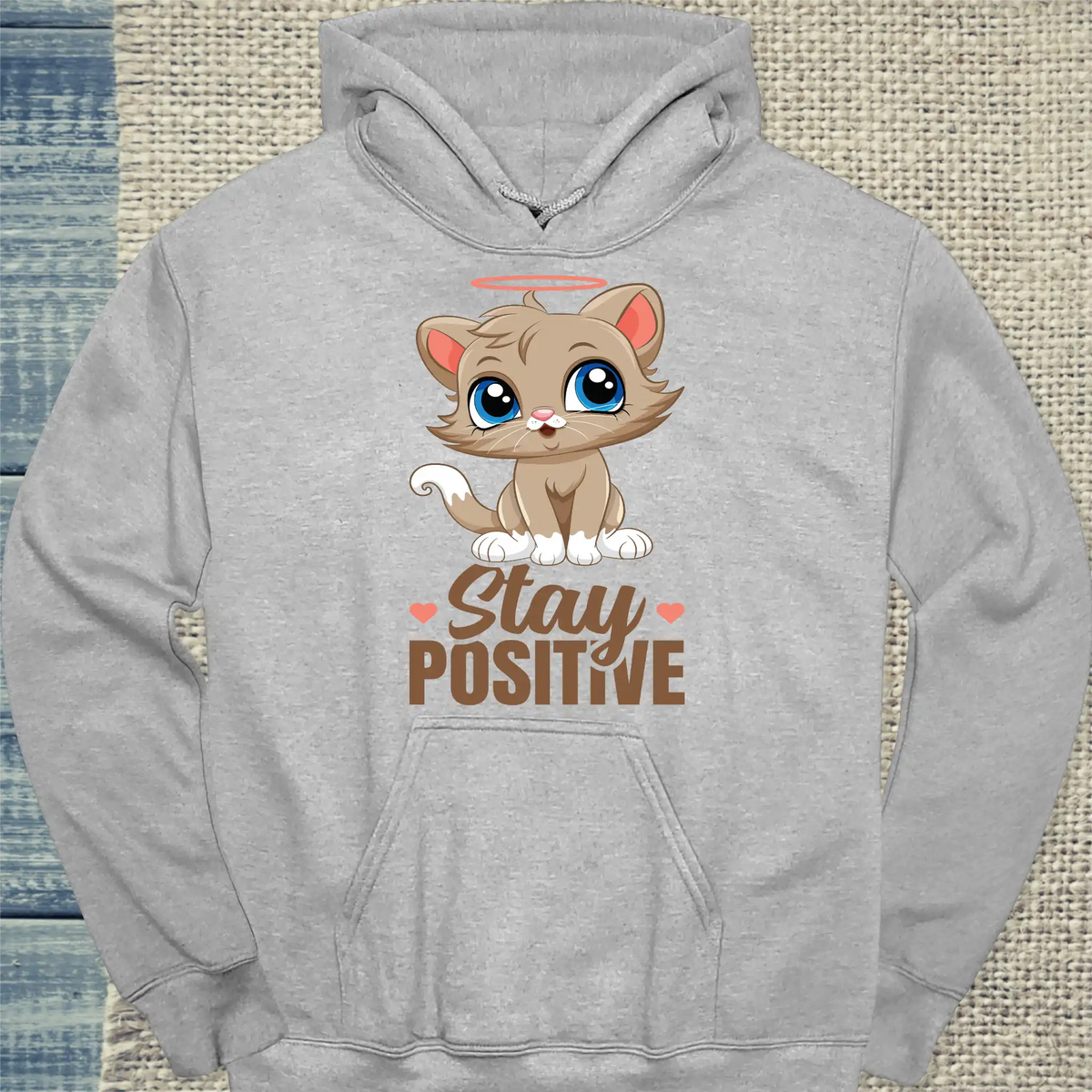 Hoodie - Stay Positive - Unisex - Katze Grau