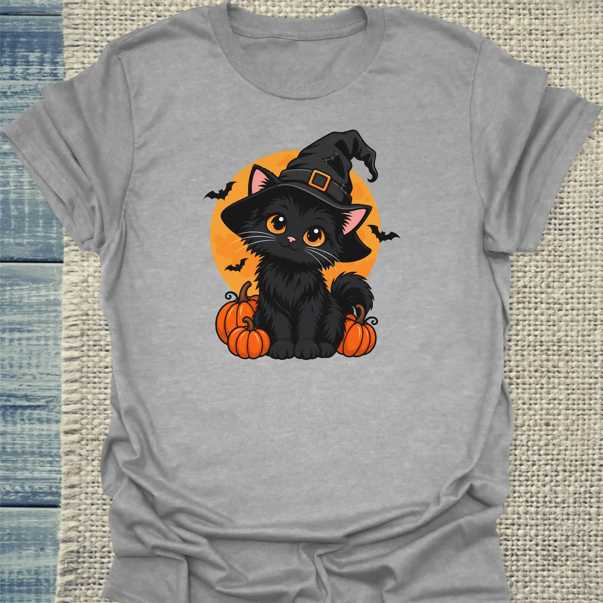 T-Shirt - Black Cat And Pumpkins - Unisex - Katze, Halloween Grau