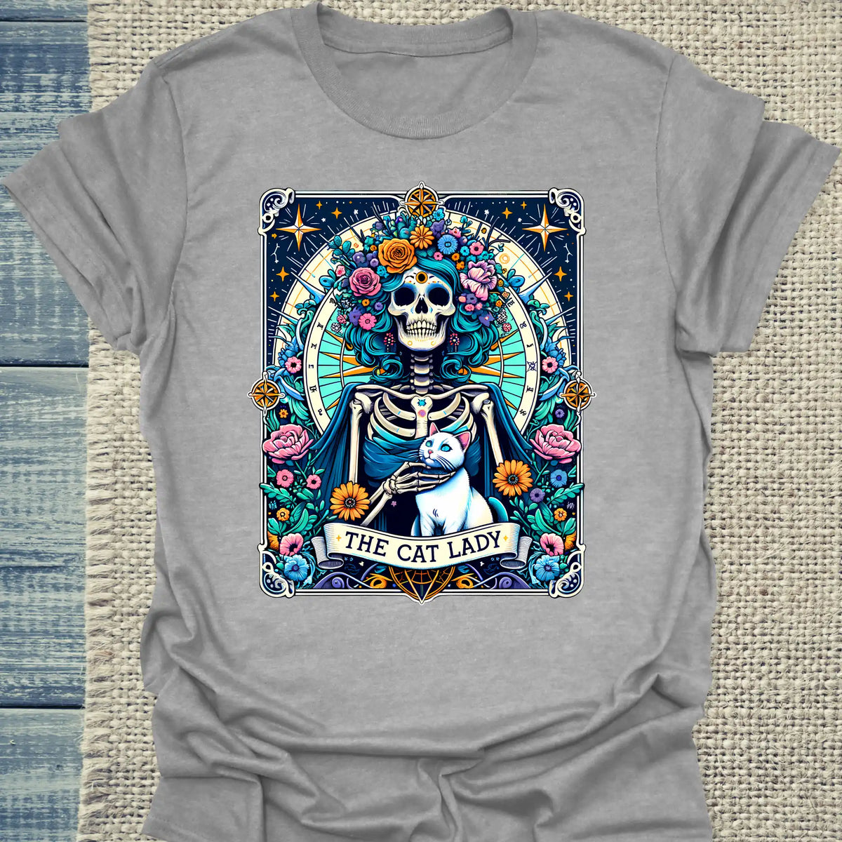 T-Shirt - Cat Lady Tarot - Unisex - Kaffee, Cat Lady Grau