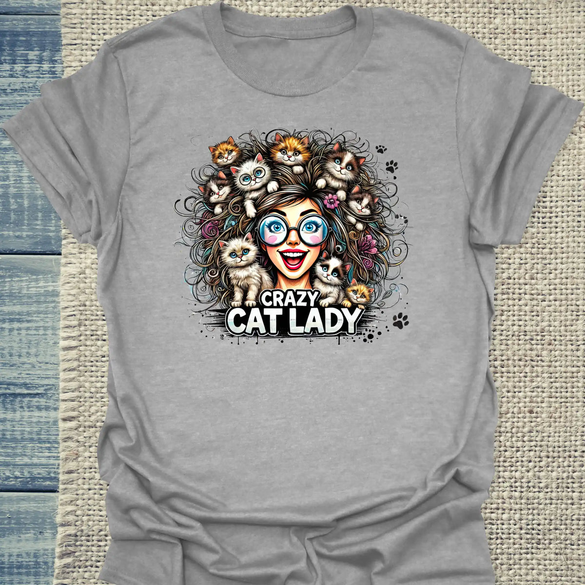 T-Shirt - Crazy Cat Laydy - bunt - Unisex - Kaffee, Cat Lady Grau
