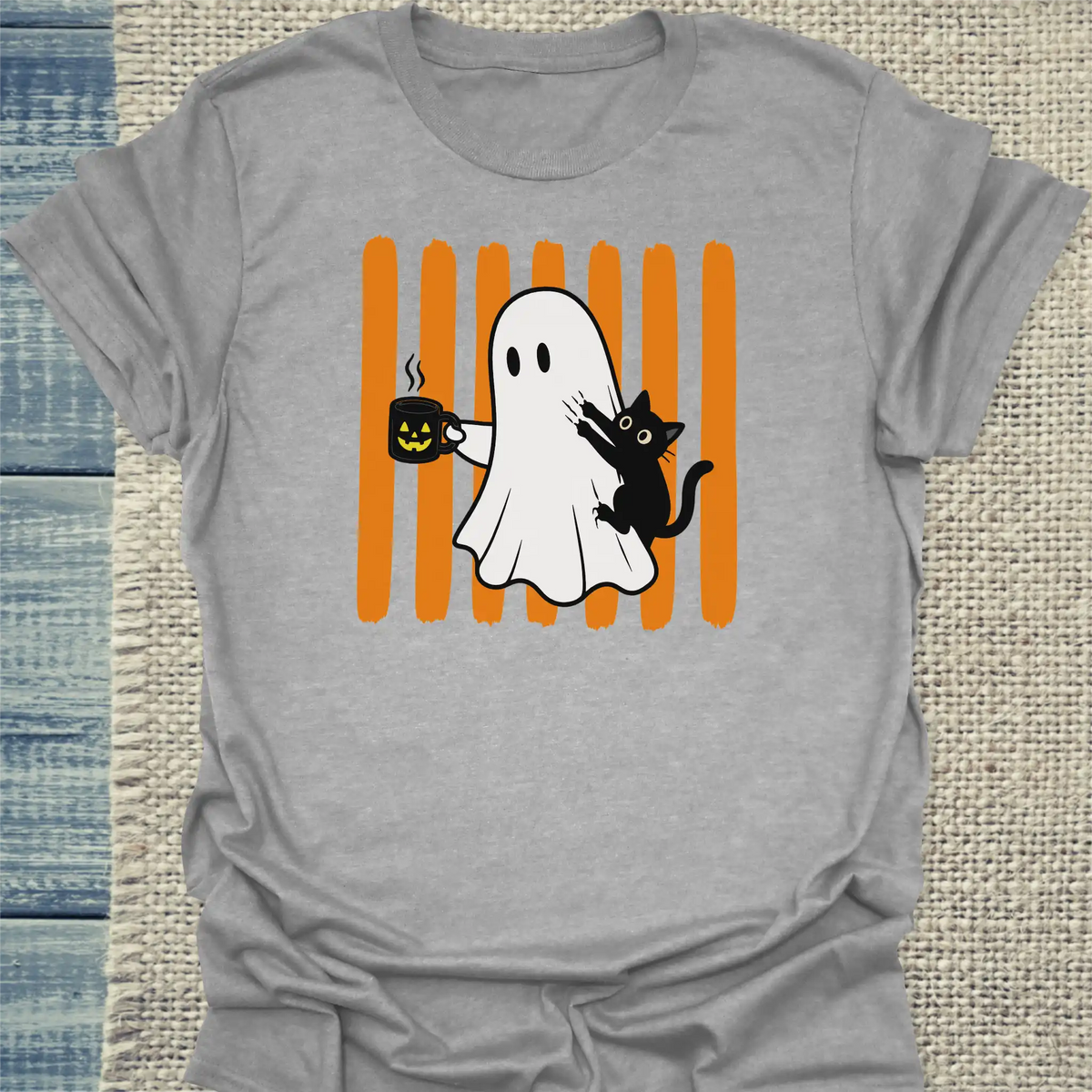 T-Shirt - Geist und Katze - Unisex - Katze & Kaffee, Halloween Grau