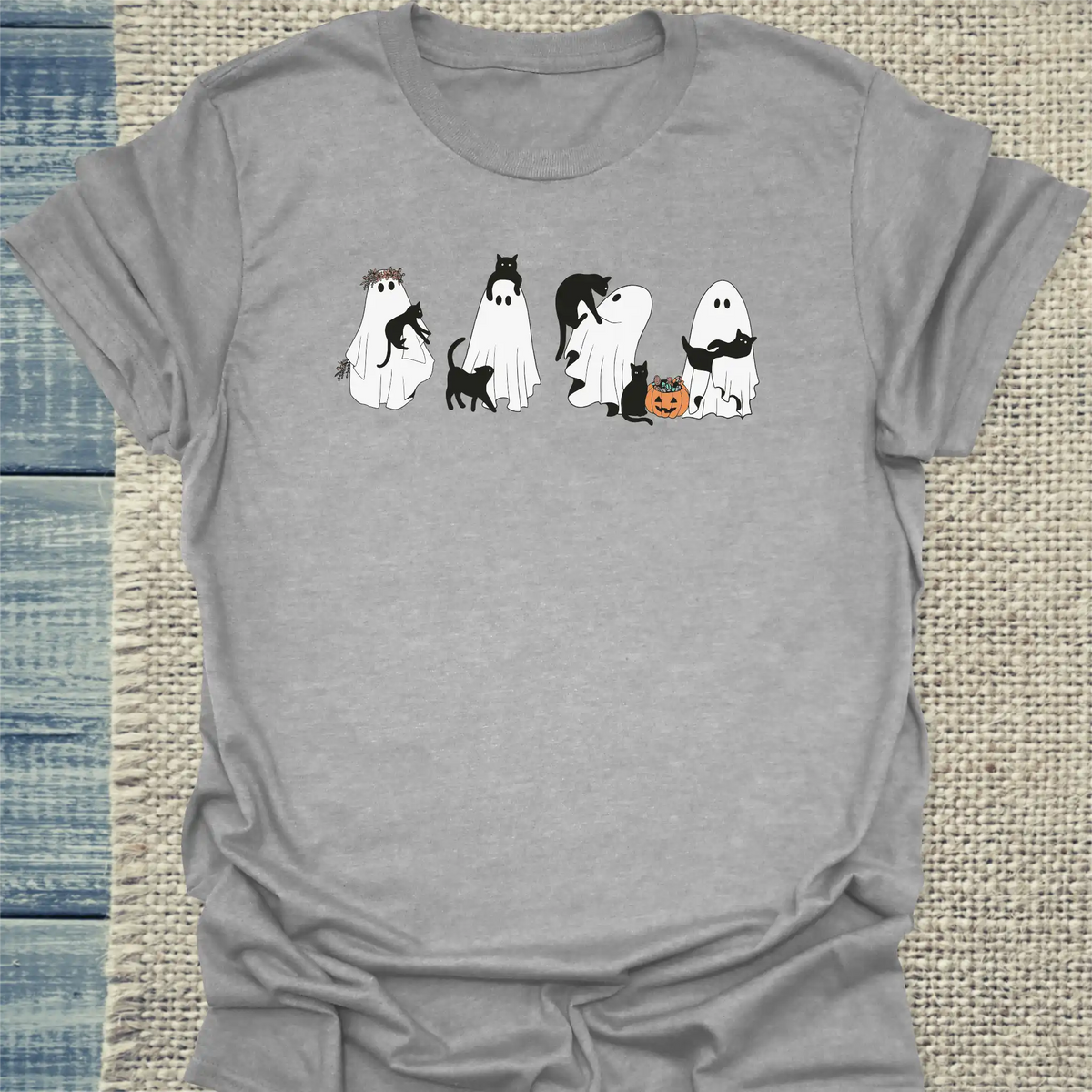 T-Shirt - Gespenster und Katzen - Unisex - Katze, Halloween Grau