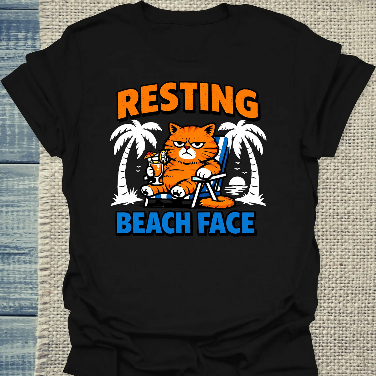 T-Shirt - Resting Beach Face - Unisex - Katze, Sommer Schwarz