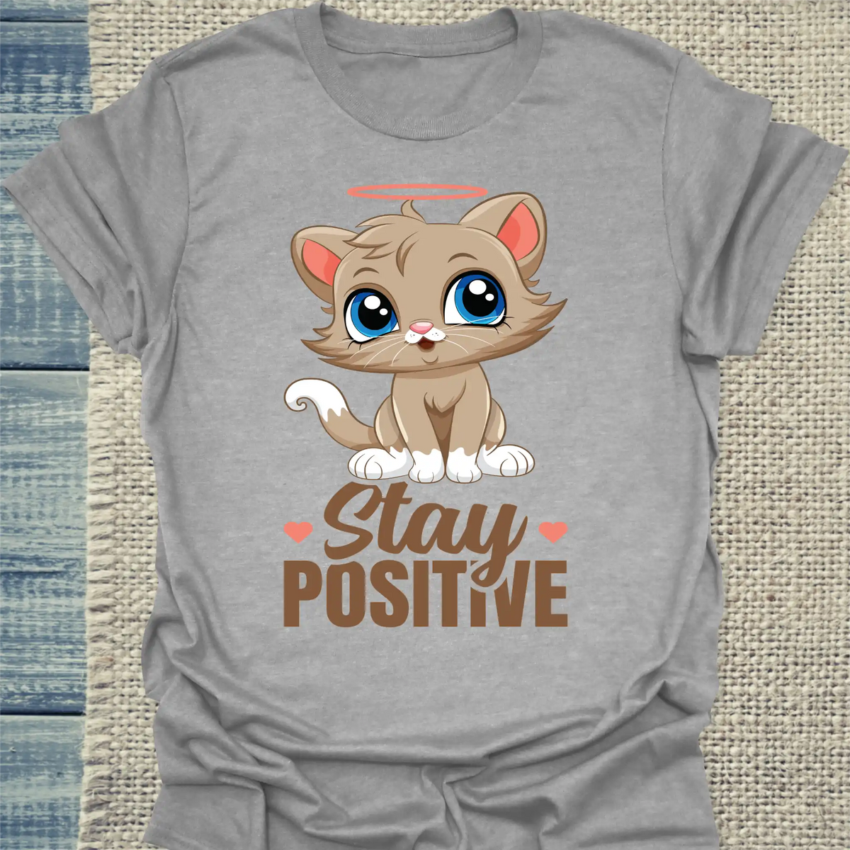 T-Shirt - Stay Positive - Unisex - Katze Grau