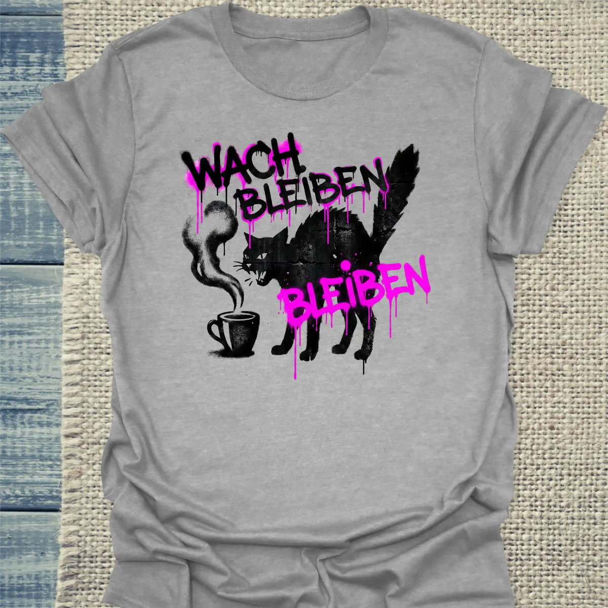T-Shirt - Wach bleiben - Unisex - Katze & Kaffee Grau