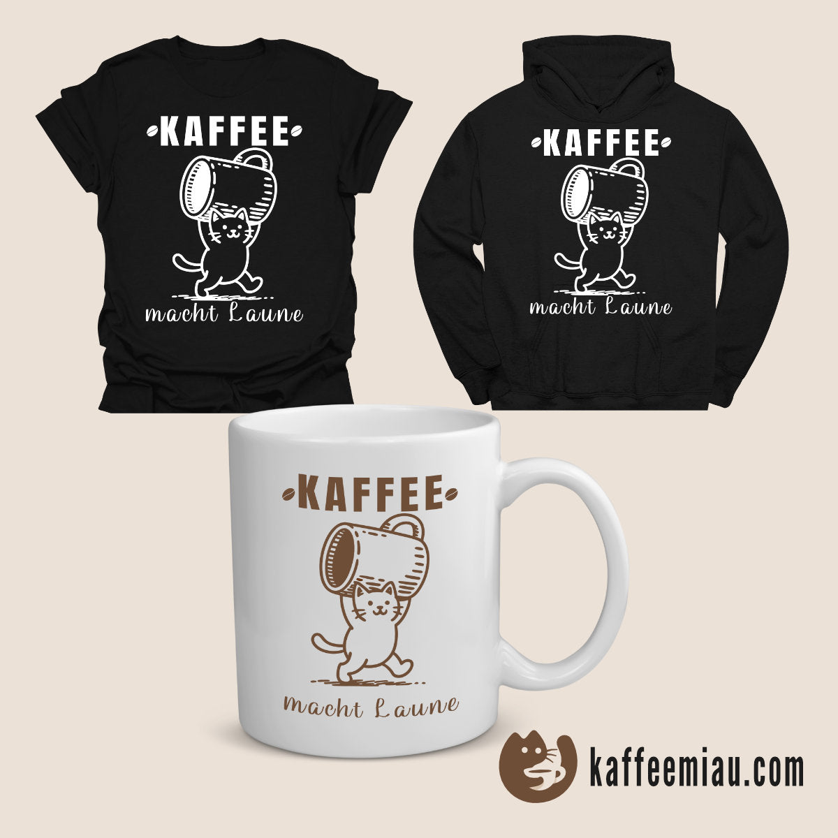 Das Bild zeigt einen Hoodie, ein T-Shirt und eine Tasse mit einer schwarzen Katze und dem Text "Sorry - ich bin spät... weil Katze." Der Text auf der rechten Seite hebt Geschenkoptionen von cillinicaffe.com hervor.