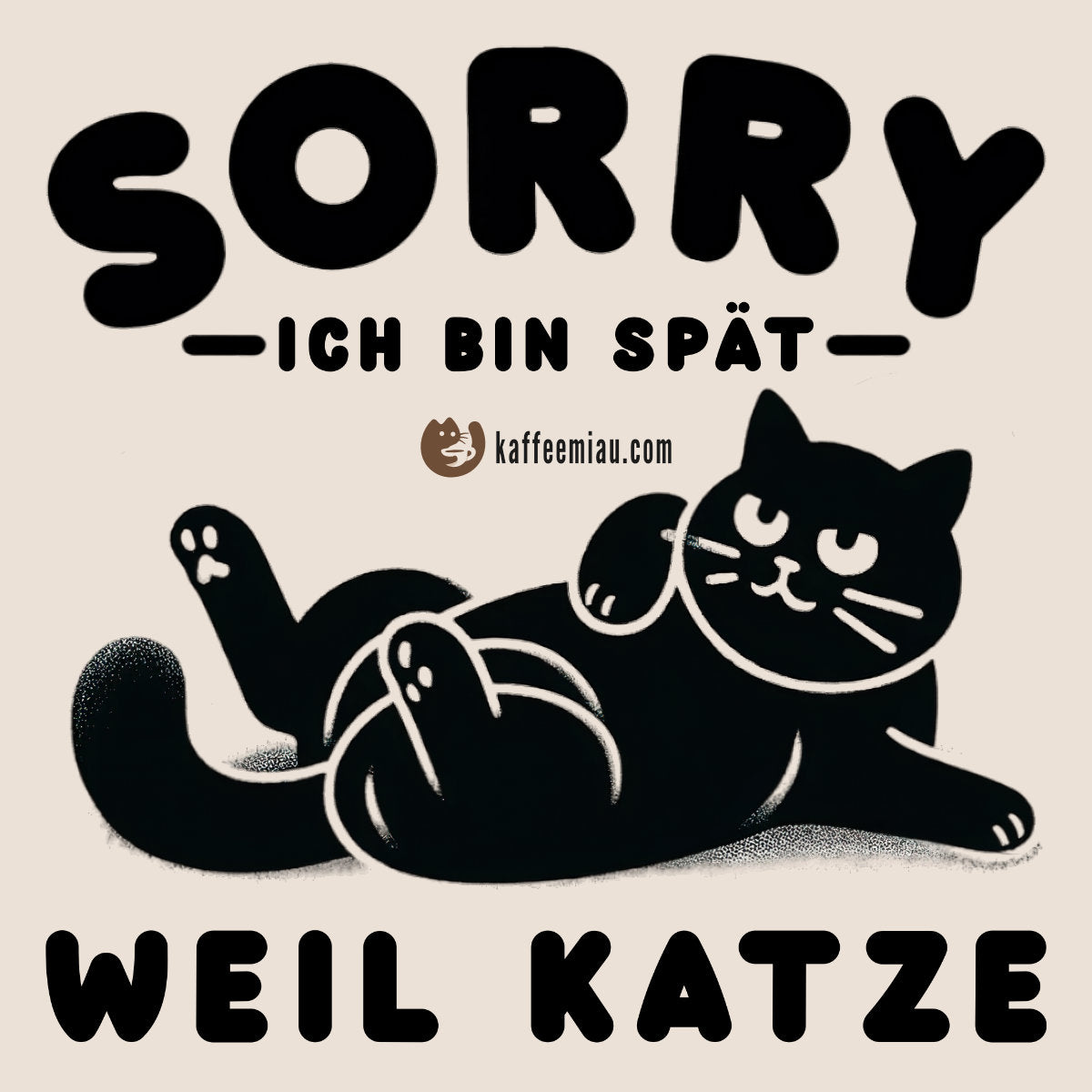 Eine illustrierte schwarze Katze liegt auf dem Rücken neben einem deutschen Text, der Waren mit Katzenmotiven wie T-Shirts, Kapuzenpullover und Tassen von cillinicaffe.com bewirbt.