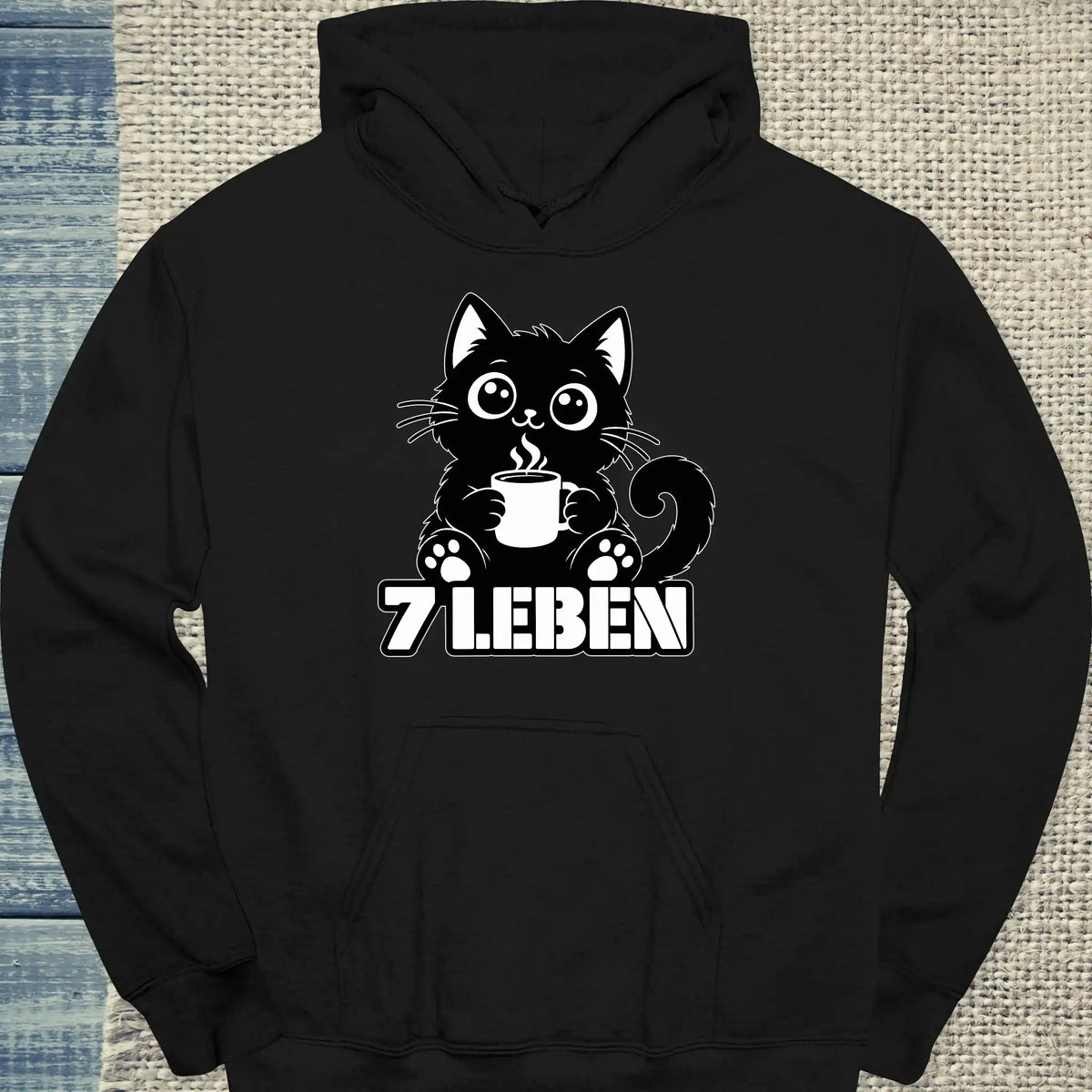 Hoodie - 7 Leben - Unisex - Katze & Kaffee Schwarz