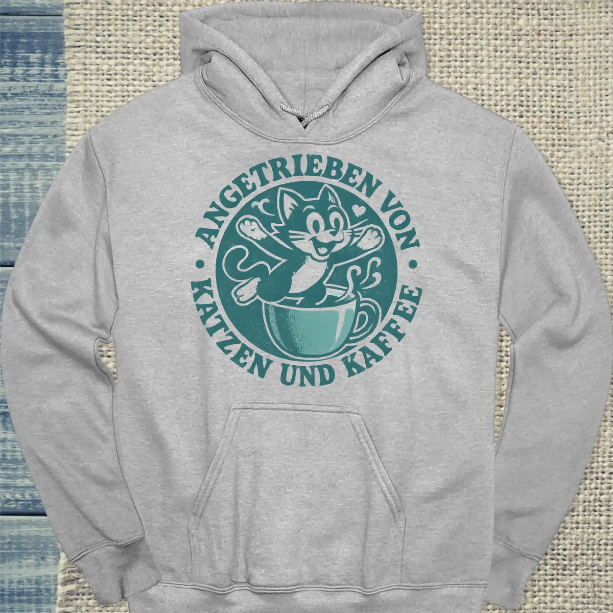 Hoodie - Angetrieben von Katzen und Kaffee - Unisex - Katze & Kaffee Grau