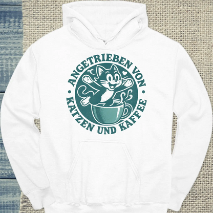 Hoodie - Angetrieben von Katzen und Kaffee - Unisex - Katze & Kaffee Weiß