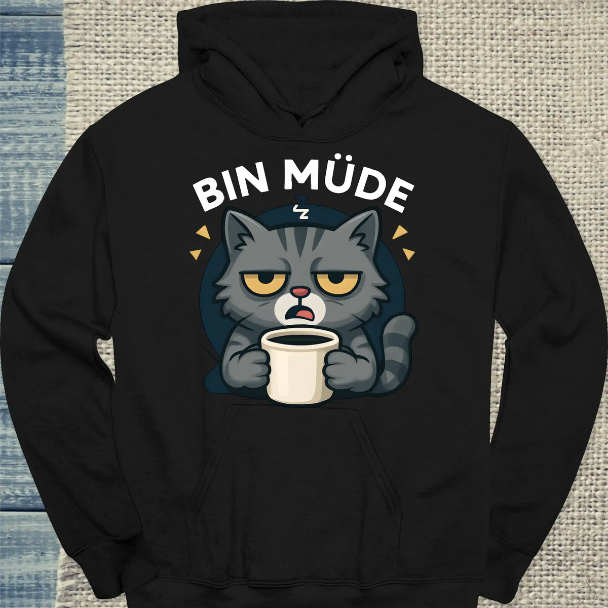 Hoodie - Bin Müde - Unisex - Katze & Kaffee Schwarz