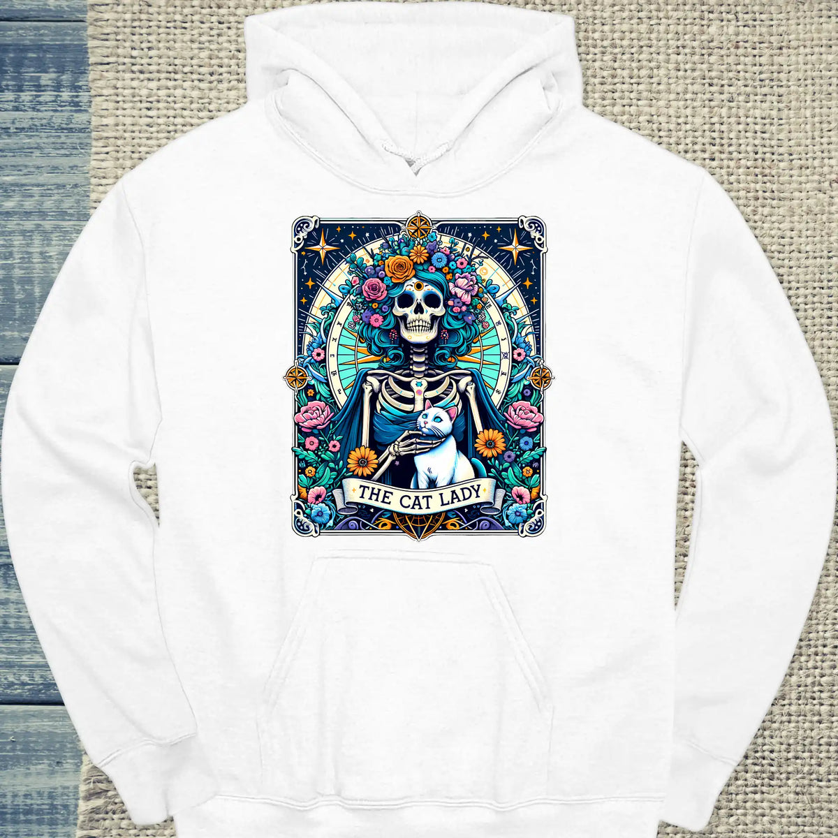 Hoodie - Cat Lady Tarot - Unisex - Kaffee, Cat Lady Weiß