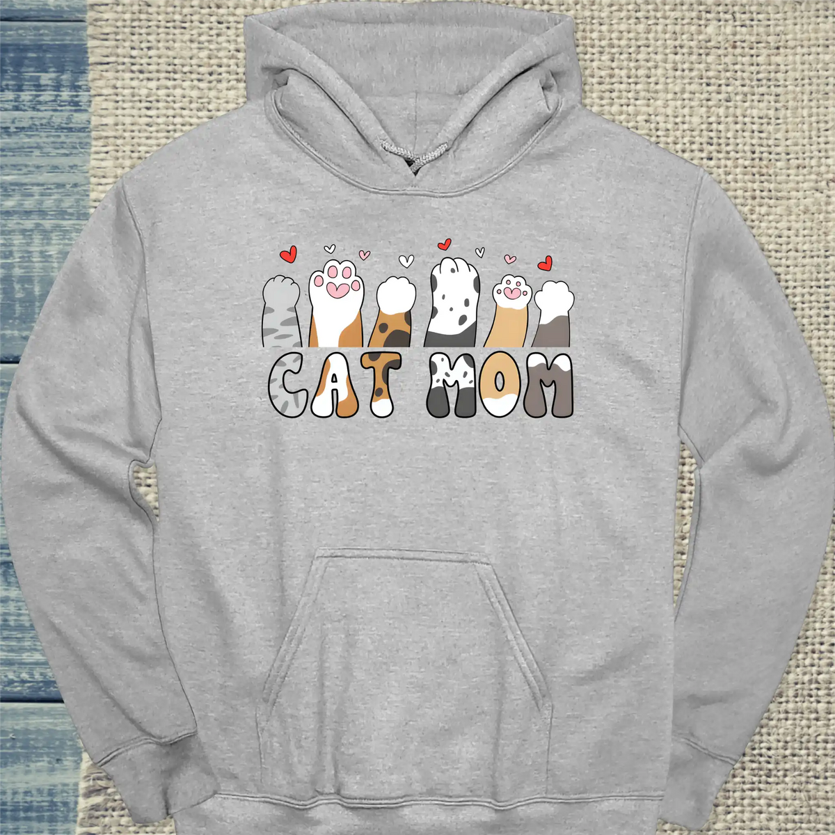 Hoodie - Cat Mom - Herzchen und Pfoten - Unisex - Katze, Cat Lady Grau