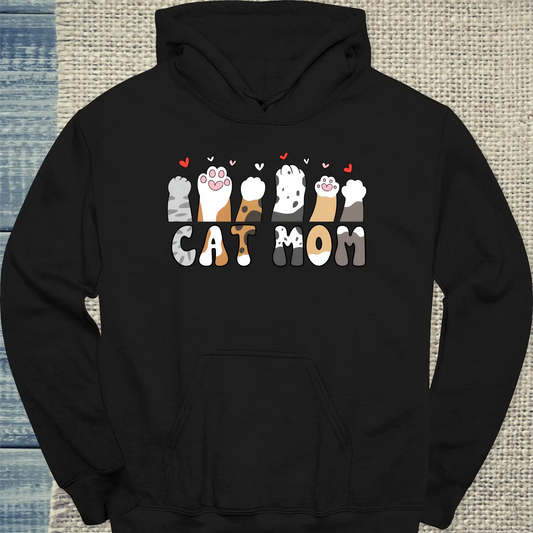 Hoodie - Cat Mom - Herzchen und Pfoten - Unisex - Katze, Cat Lady Schwarz