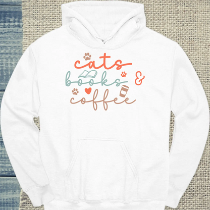 Hoodie - cats, books & coffee - Unisex - Katze, Kaffee Weiß