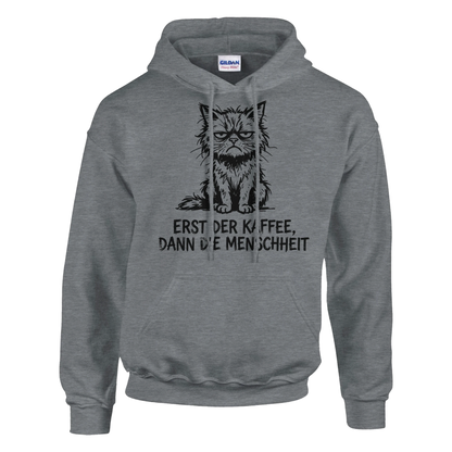 Hoodie - Erst der Kaffee, Dann die Menschheit - Unisex - Katze & Kaffee Grau