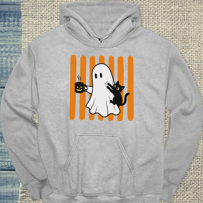 Hoodie - Geist und Katze - Unisex - Katze & Kaffee, Halloween Grau