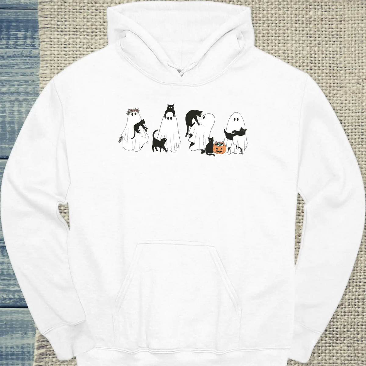 Hoodie - Gespenster und Katzen - Unisex - Katze, Halloween Weiß