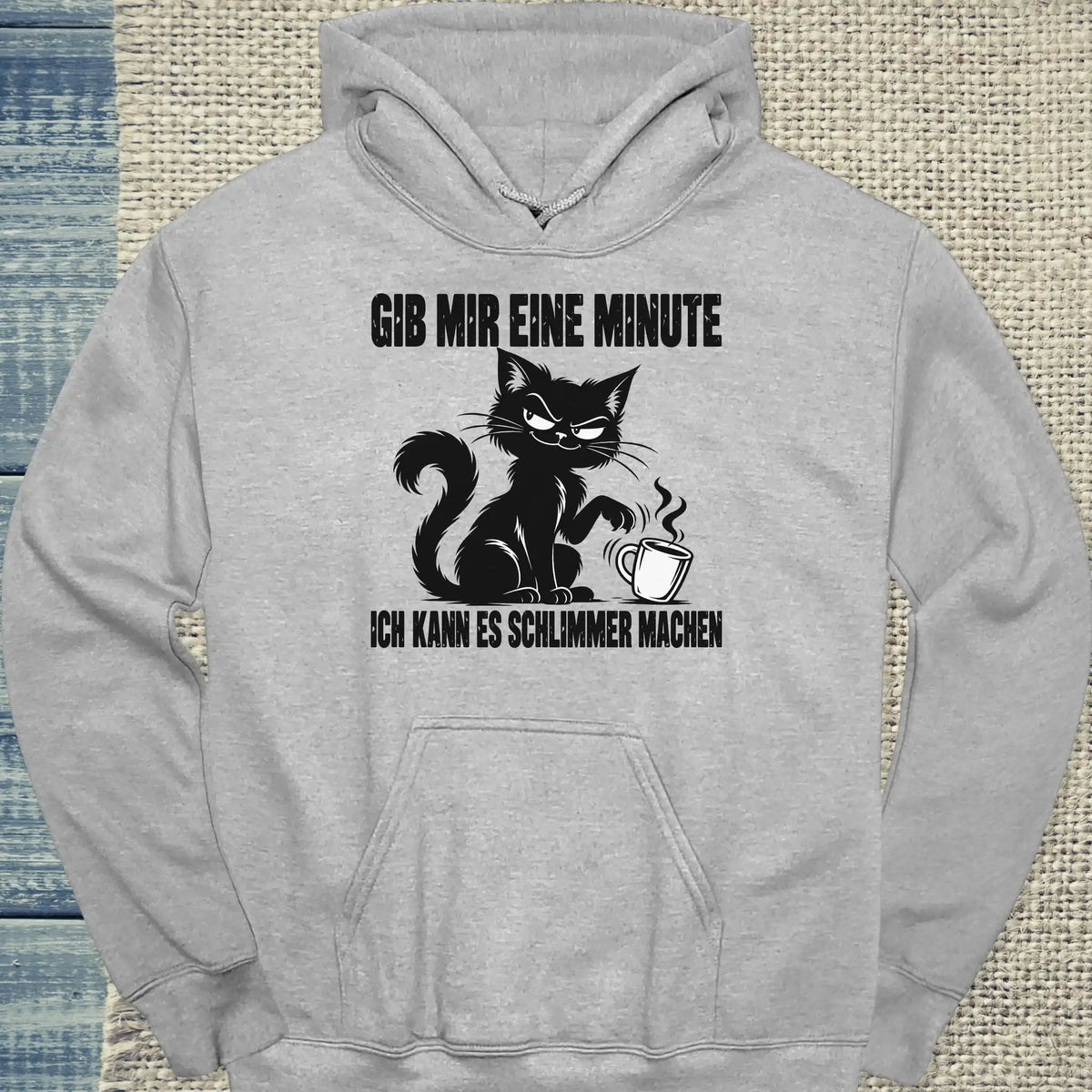 Hoodie - Gib mir eine Minute - Unisex - Katze & Kaffee Grau