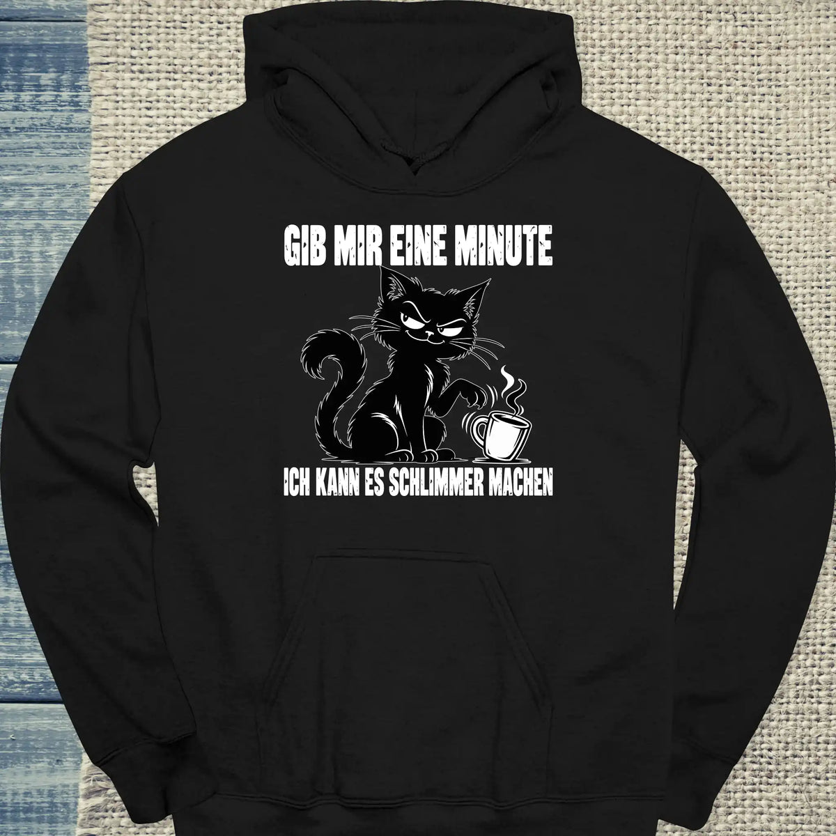 Hoodie - Gib mir eine Minute - Unisex - Katze & Kaffee Schwarz