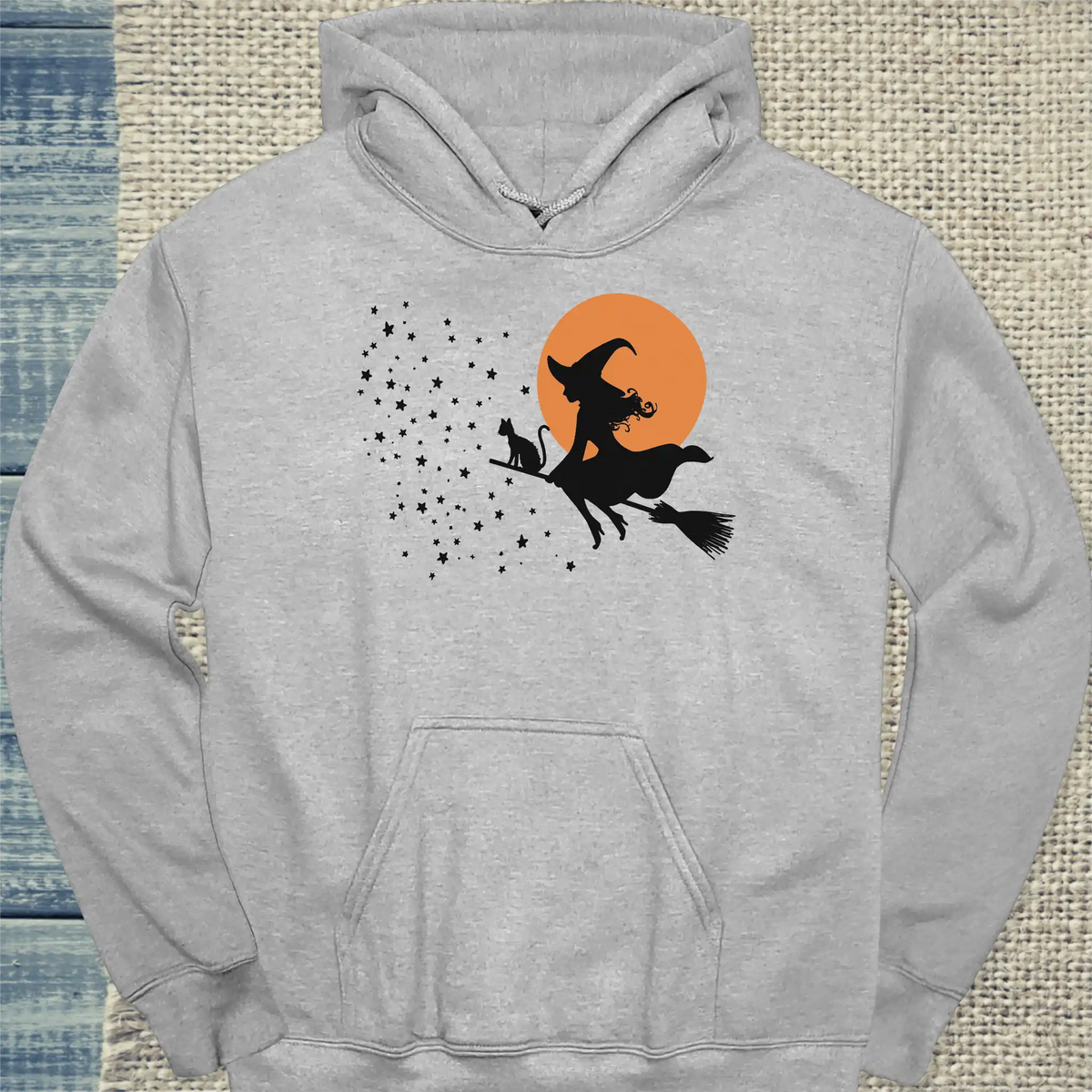 Hoodie - Hexenflug - Unisex - Katze, Halloween Grau
