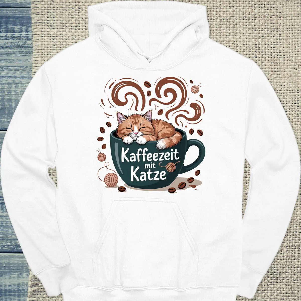 Hoodie - Kaffeezeit mit Katze - Unisex - Katze & Kaffee Weiß