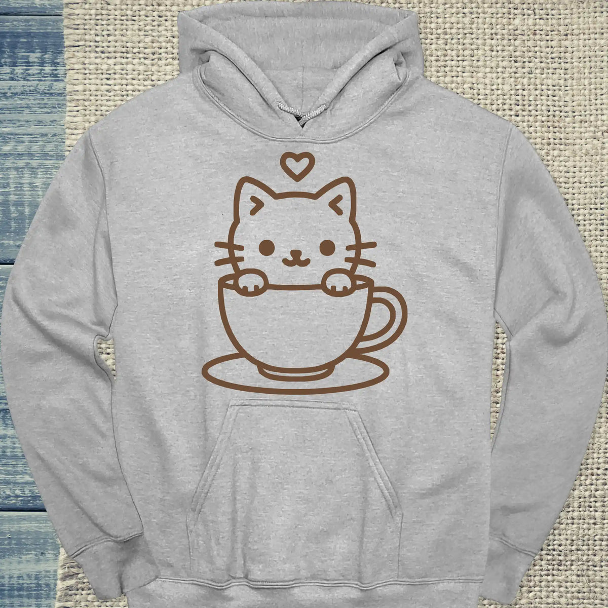 Hoodie - Katze in Tasse - Unisex - Katze & Kaffee Grau