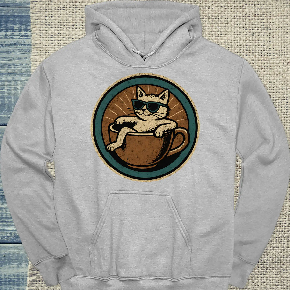Hoodie - Katze in Tasse - Rund - Unisex - Katze & Kaffee Grau