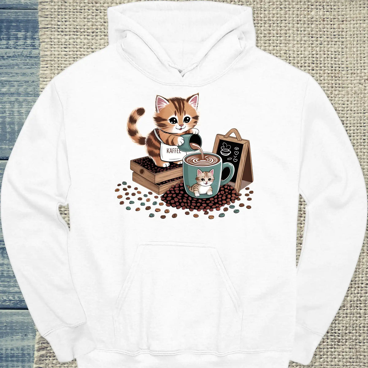 Hoodie - Katze schenkt Kaffee aus - Unisex - Katze & Kaffee Weiß
