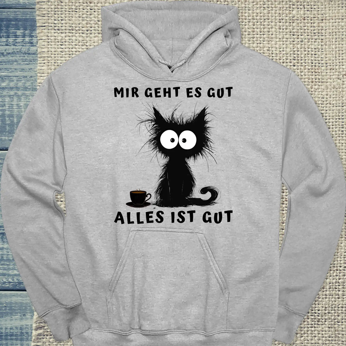 Hoodie - Mir geht es gut - Unisex - Katze & Kaffee Grau