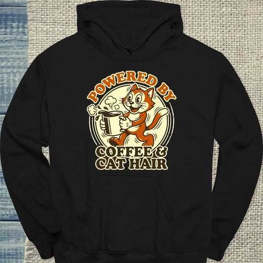 Hoodie - Powered by Coffee & Cat Hair - Unisex - Katze & Kaffee schwarz