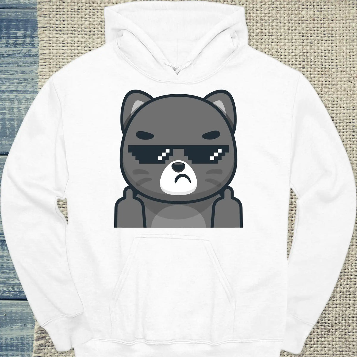 Hoodie - Schwarze Katze mit Brille Mittelfinger - Unisex - Katze Weiß