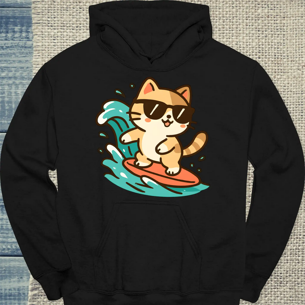 Hoodie - Sommer, Katze, Surfen - Unisex - Katze Schwarz
