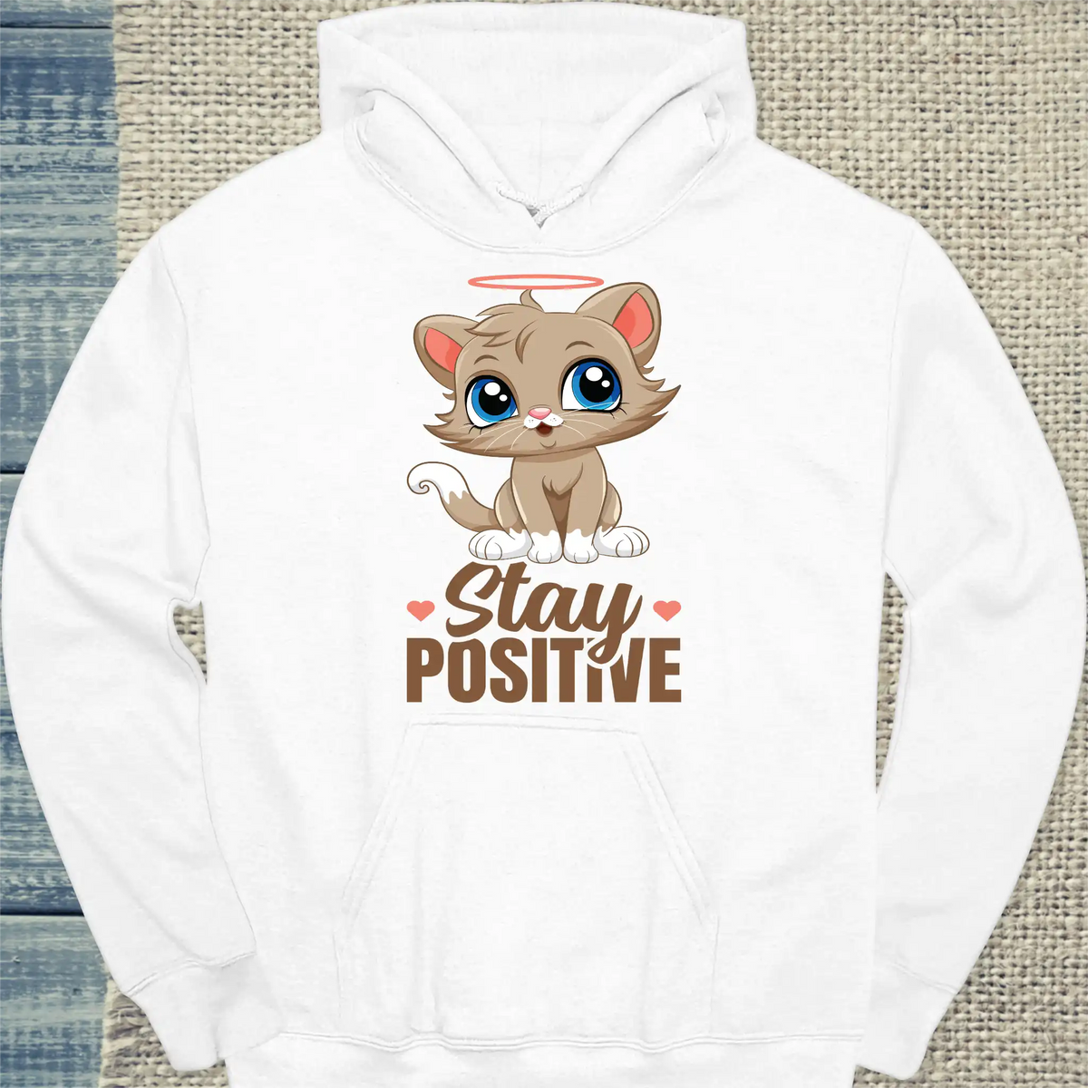 Hoodie - Stay Positive - Unisex - Katze Weiß