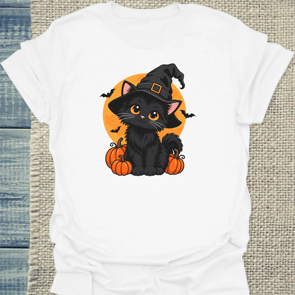 T-Shirt - Black Cat And Pumpkins - Unisex - Katze, Halloween Weiß
