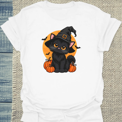 T-Shirt - Black Cat And Pumpkins - Unisex - Katze, Halloween Weiß