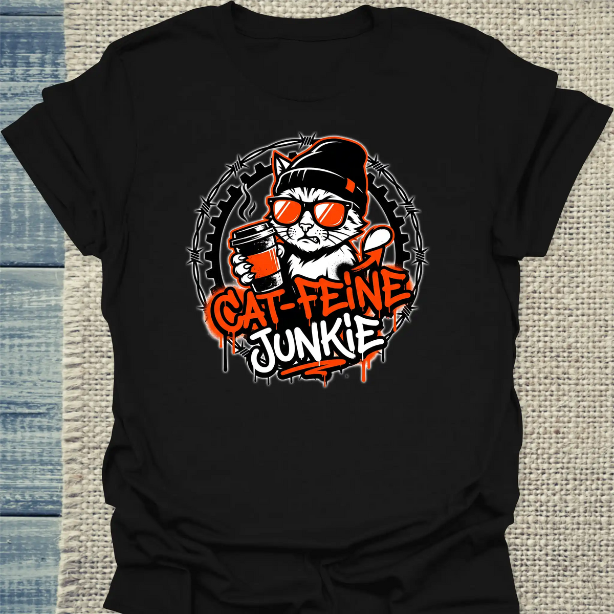 T-Shirt - Cat-feine Junkie - Unisex - Katze & Kaffee Schwarz