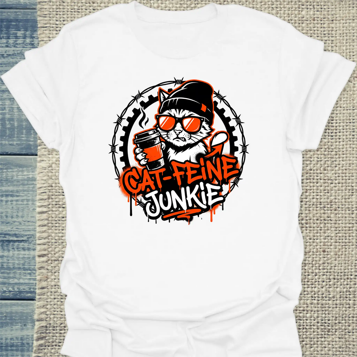 T-Shirt - Cat-feine Junkie - Unisex - Katze & Kaffee Weiß