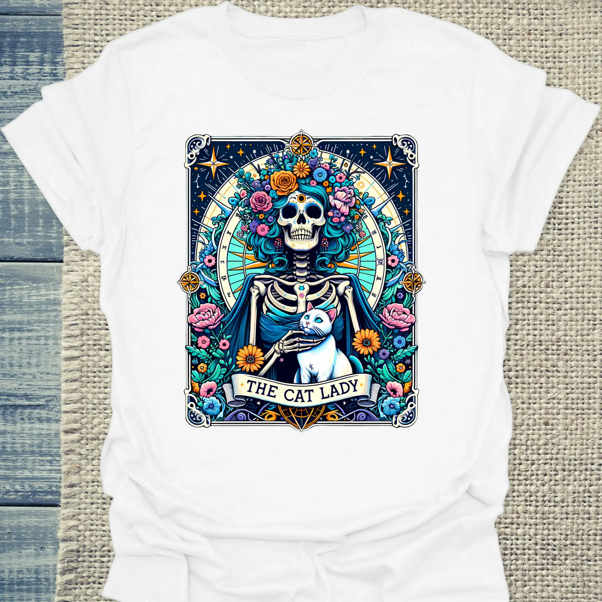 T-Shirt - Cat Lady Tarot - Unisex - Kaffee, Cat Lady Weiß