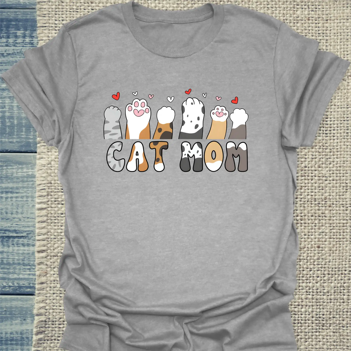T-Shirt - Cat Mom - Herzchen und Pfoten - Unisex - Katze, Cat Lady Grau