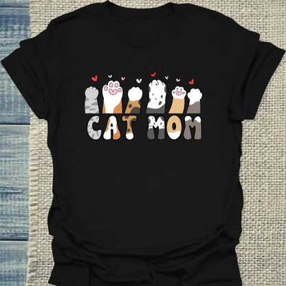 T-Shirt - Cat Mom - Herzchen und Pfoten - Unisex - Katze, Cat Lady Schwarz