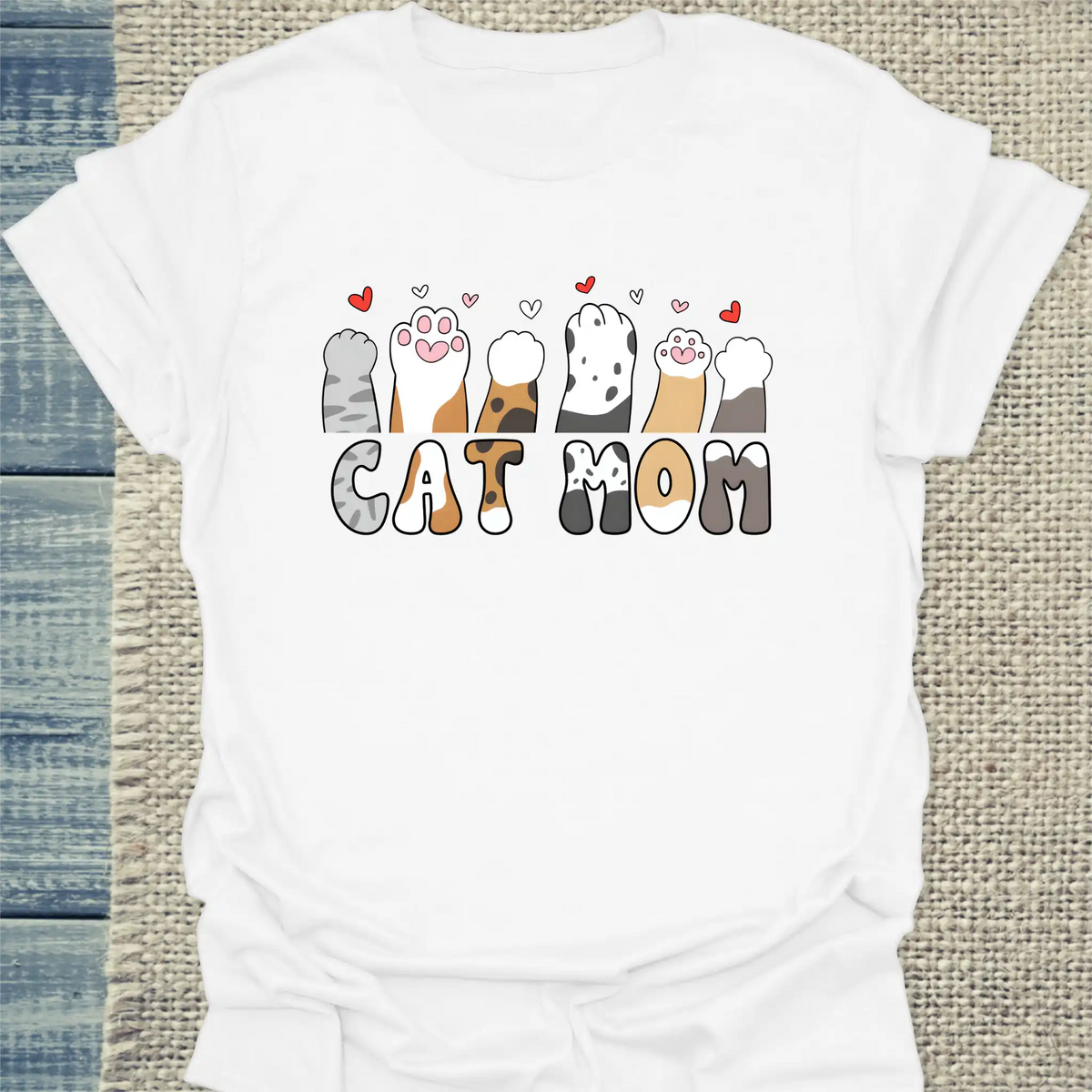 T-Shirt - Cat Mom - Herzchen und Pfoten - Unisex - Katze, Cat Lady Weiß