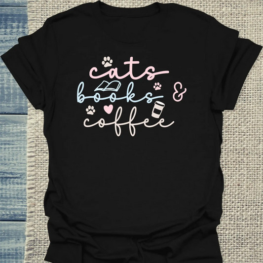 T-Shirt - cats, books & coffee - Unisex - Katze, Kaffee Schwarz